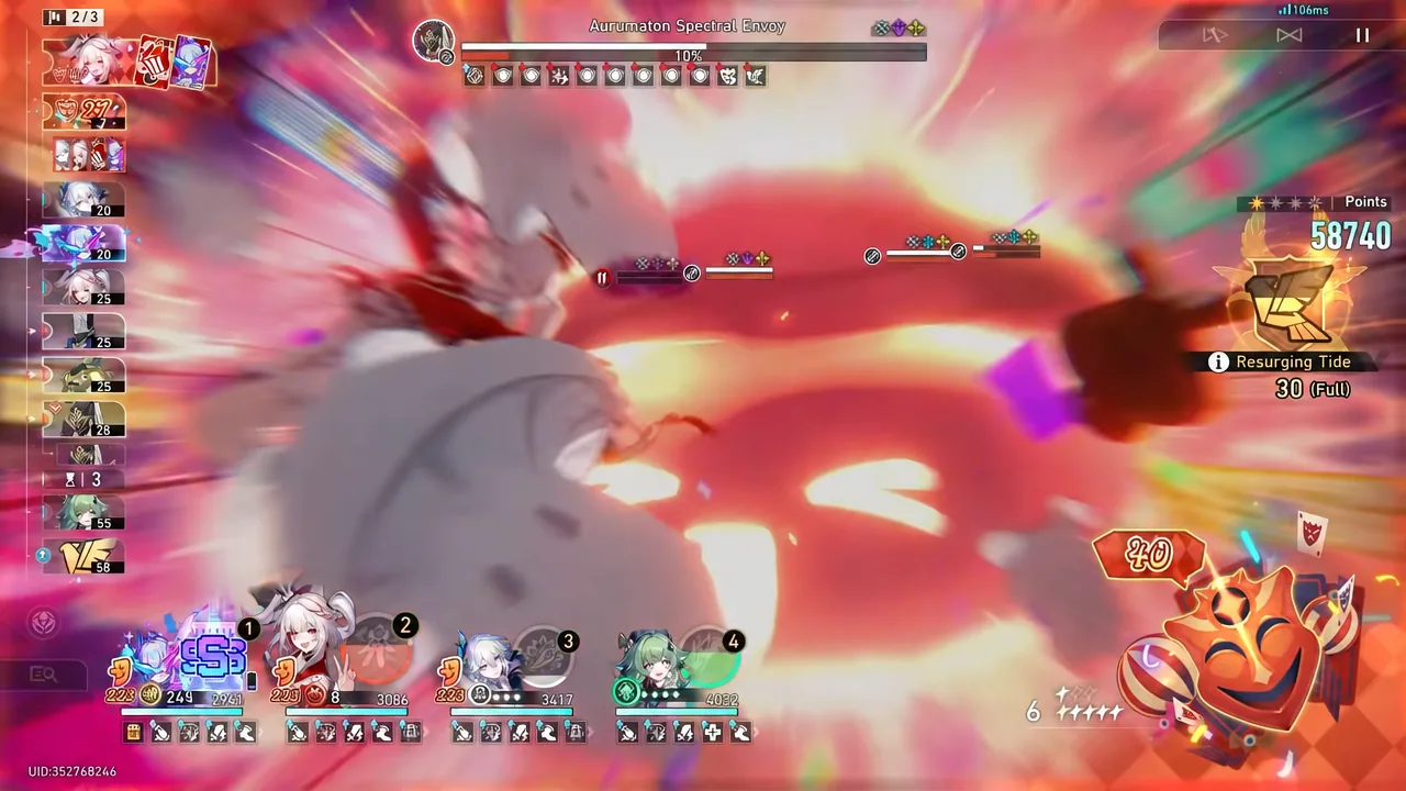 Attack animation resolving while the Resurging Tide gauge sits full on the battle UI