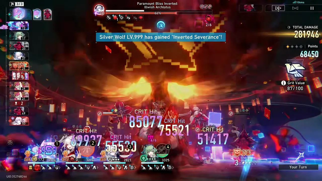 Silver Wolf LV.999 gaining Inverted Severance as a multi-target critical hit lands