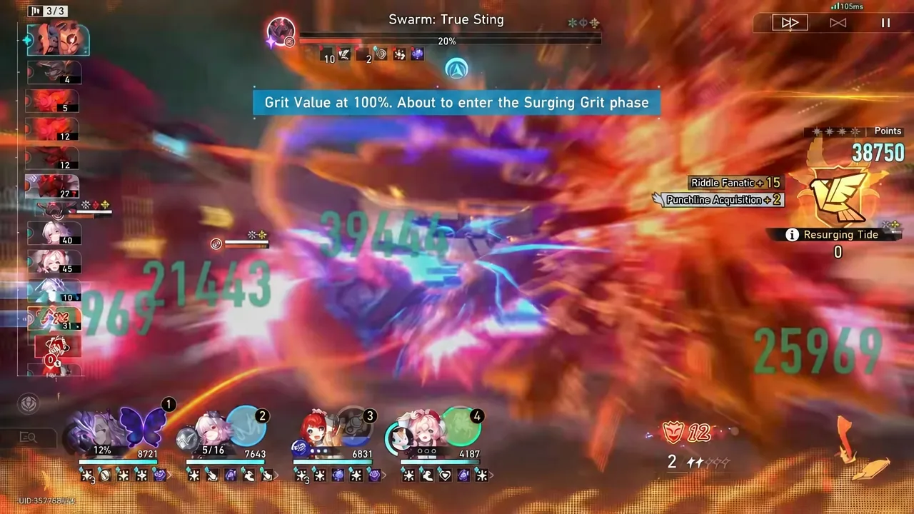 Swarm: True Sting fight with the Grit Value at 100% banner on screen