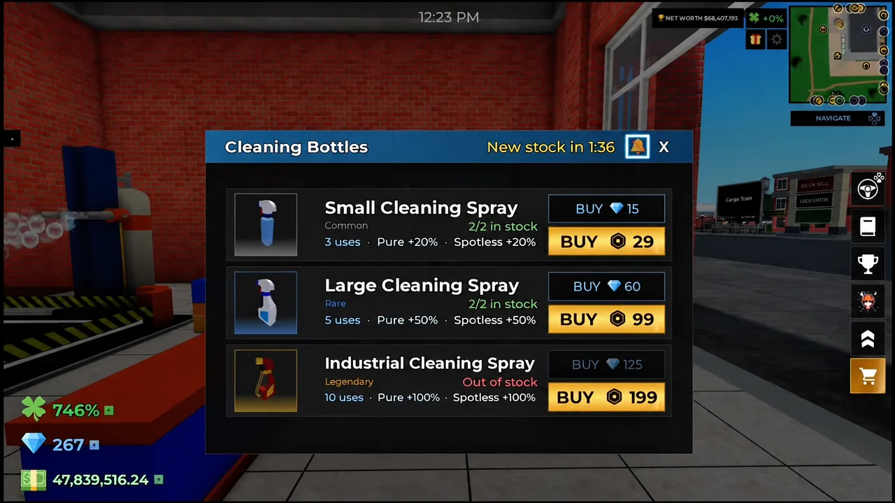 Cleaning Bottles purchase menu showing the Large Cleaning Spray and its buy button