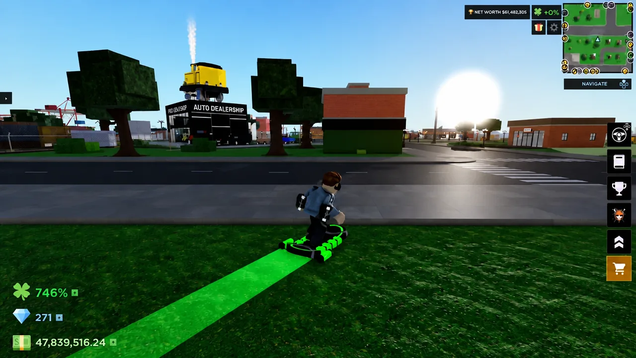 Player riding a hoverboard down the street toward the Auto Dealership building
