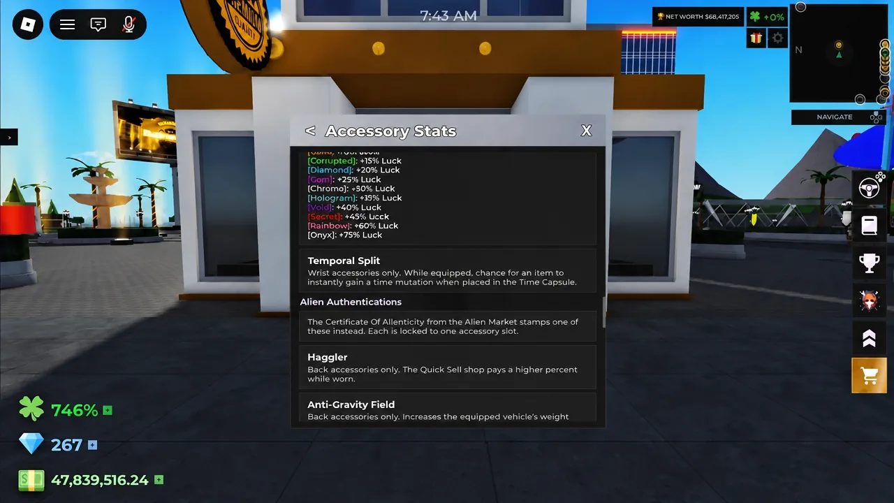 Accessory Stats reference screen listing Temporal Split, Alien Authentications, Haggler and Anti-Gravity Field