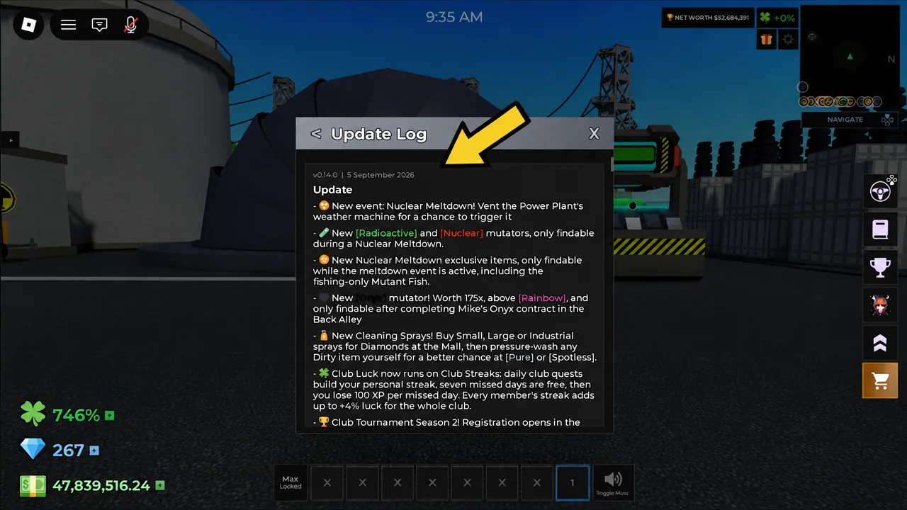 In-game Update Log window open with the newest patch notes listed