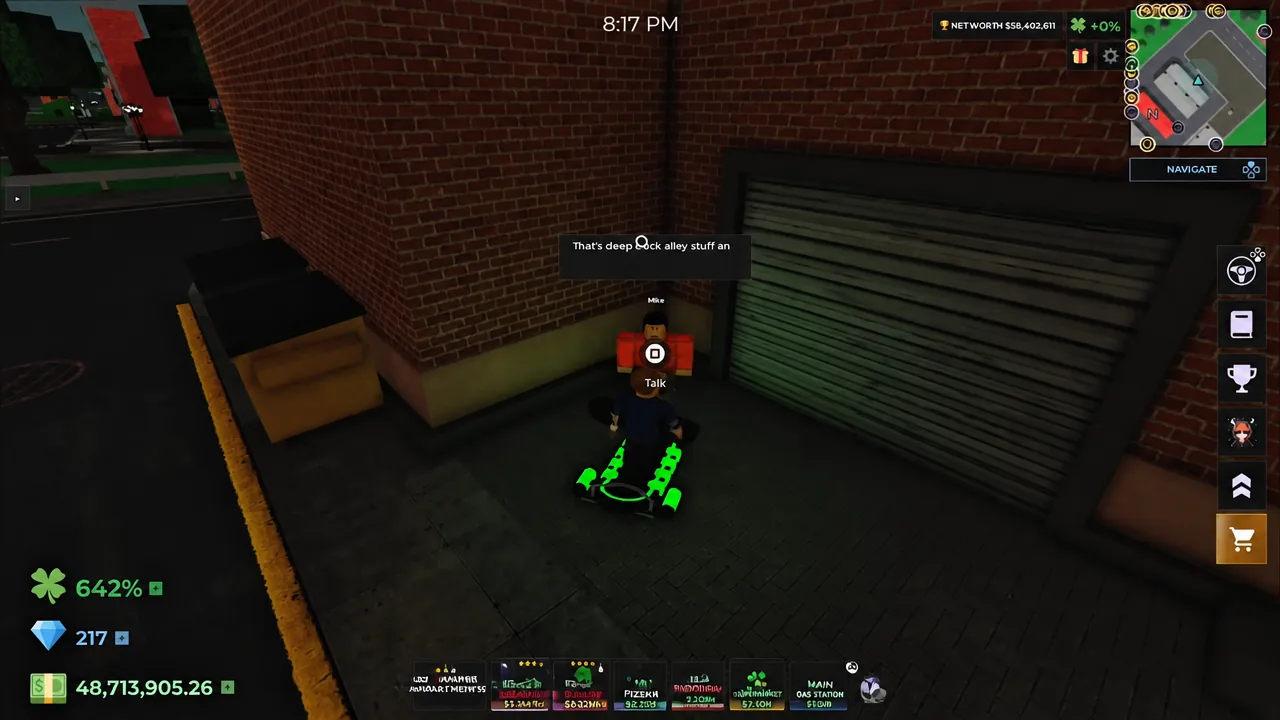 Talk prompt highlighted over Mike standing beside a garage door in the Back Alley