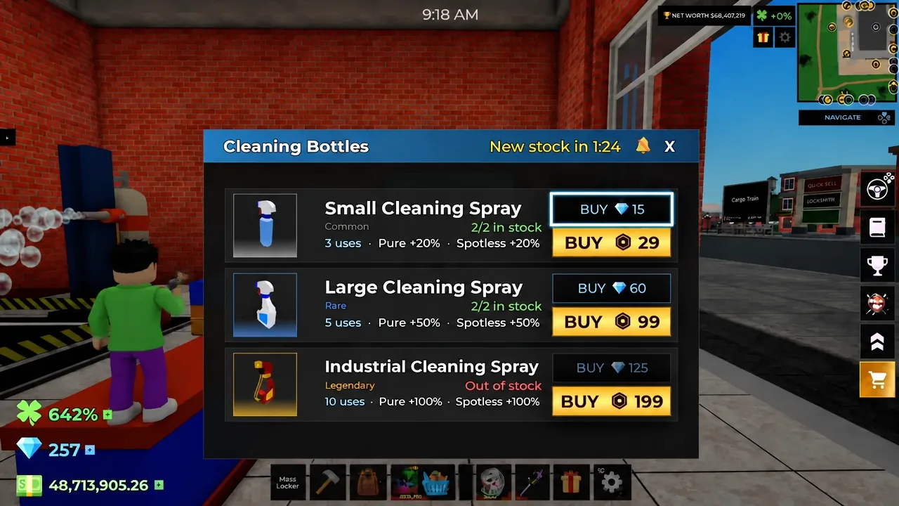 Cleaning Bottles menu with the Small Cleaning Spray buy button highlighted