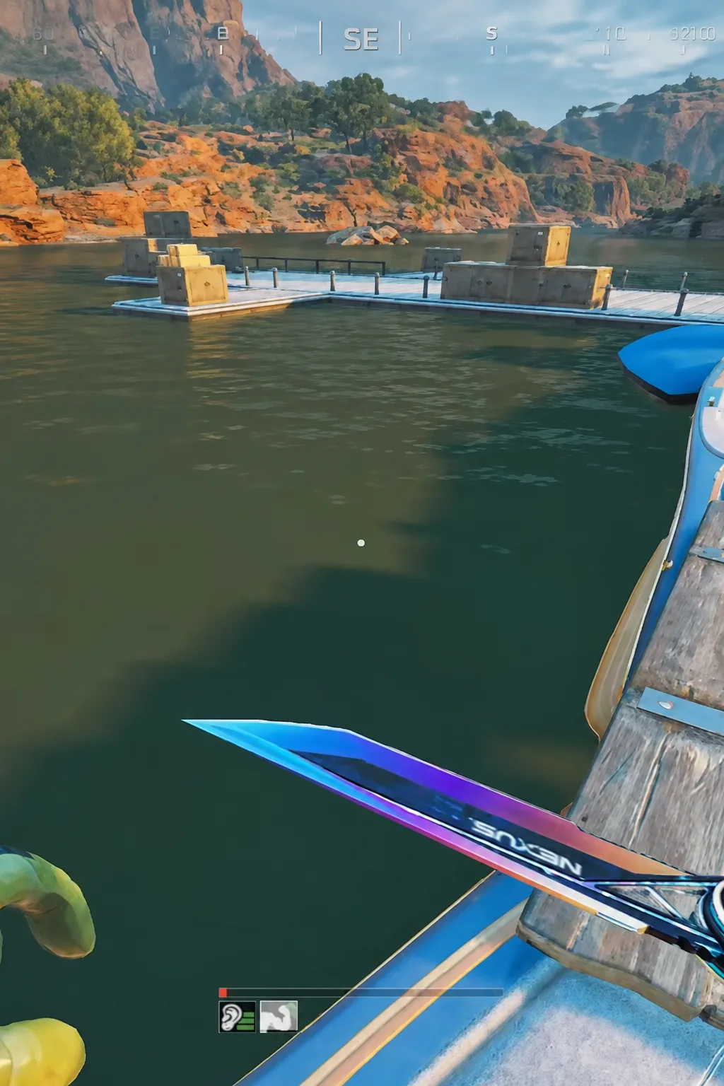Speedboat moored at the Blue Wharf pier with the bow deck spawn spot in view