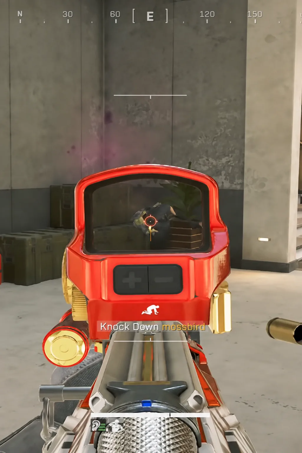 Weapon sight aimed forward with an active objective prompt showing on the HUD