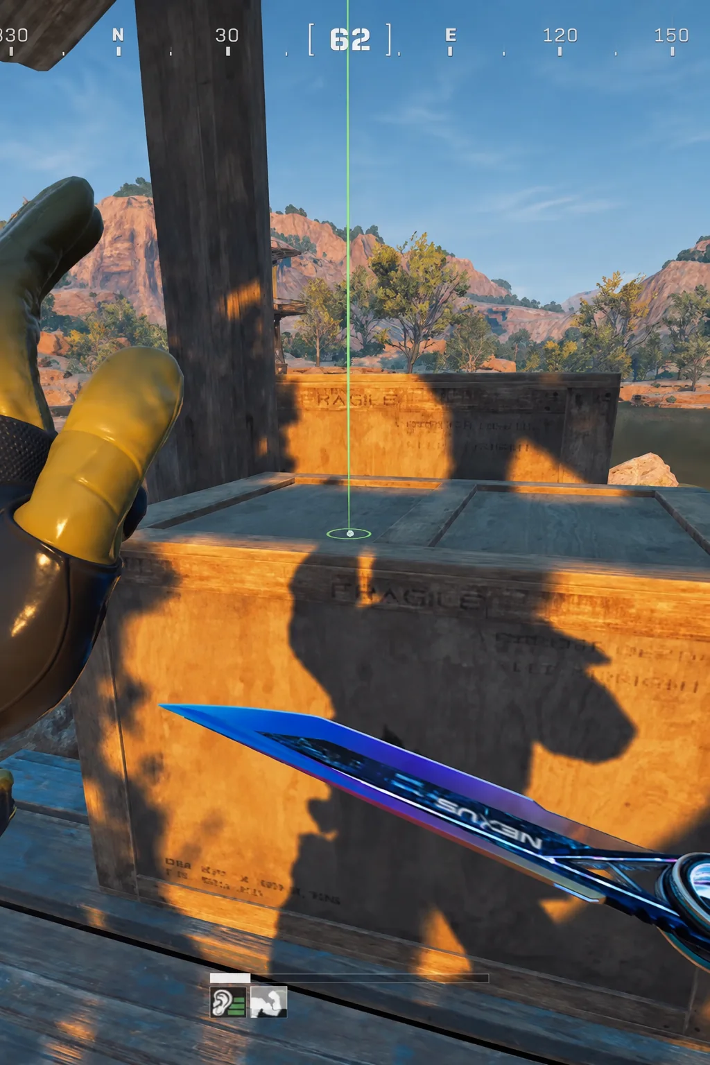 Player approaching the eastern pier crates with the objective marker centered on screen