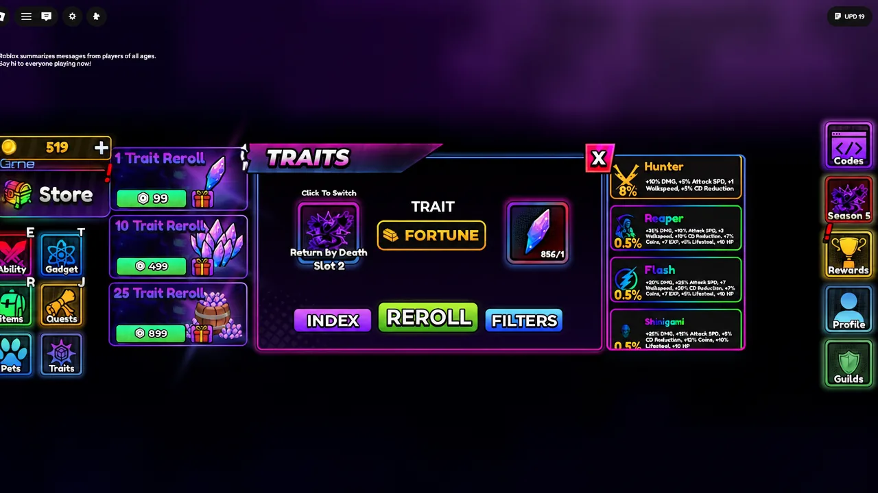 Rerolling traits on the slot holding Return by Death until Shinigami appears.