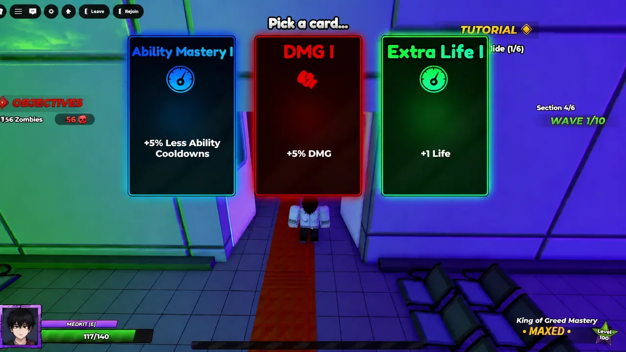 Card selection screen offering Ability Mastery I, DMG I, and Extra Life I