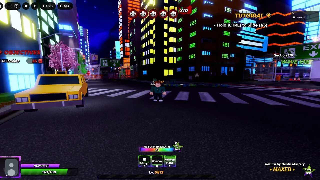 Tutorial prompt reading Hold CTRL to Slide while the character stands in a street