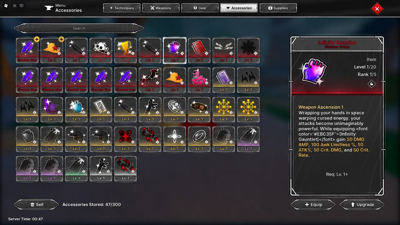 Accessories menu showing the Infinity Gauntlet selected with equip and upgrade options