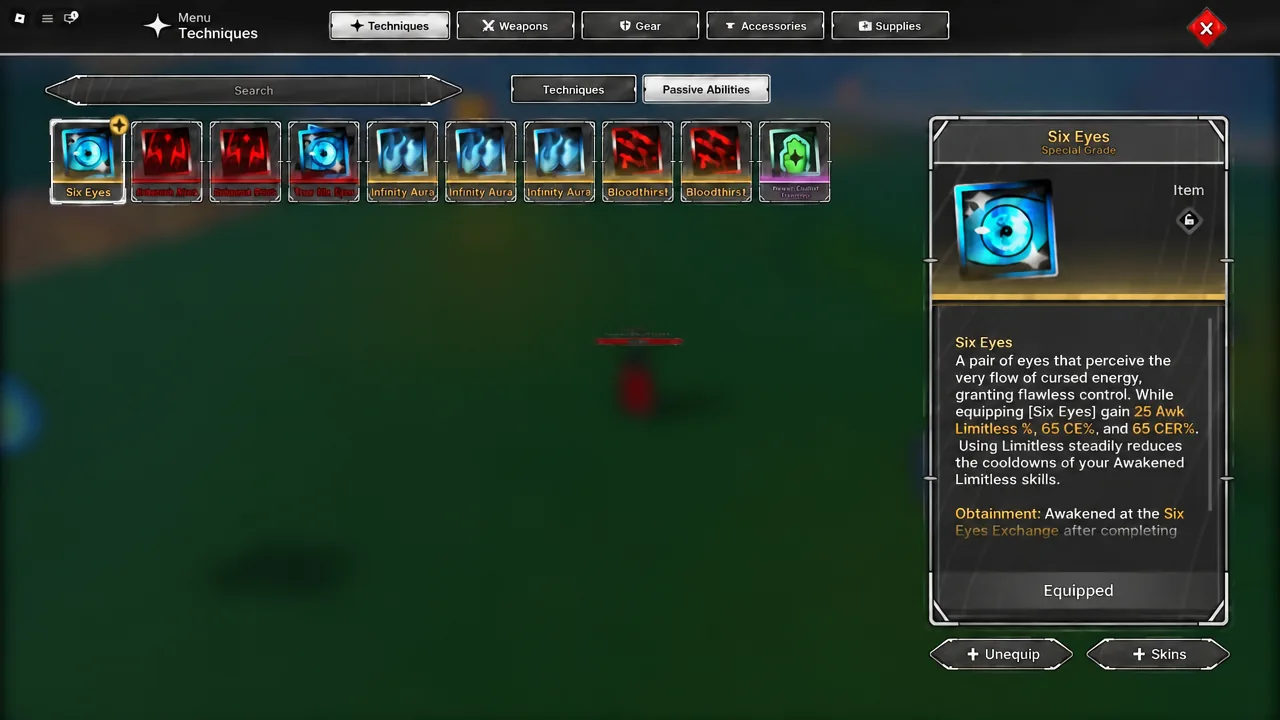Techniques menu open on the Six Eyes passive with its stat details listed
