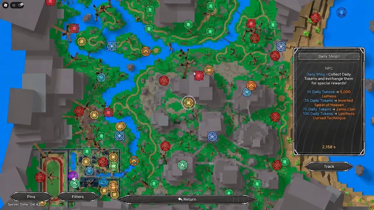 Map screen with the Daily Shop I NPC panel open showing Daily Token exchange rewards