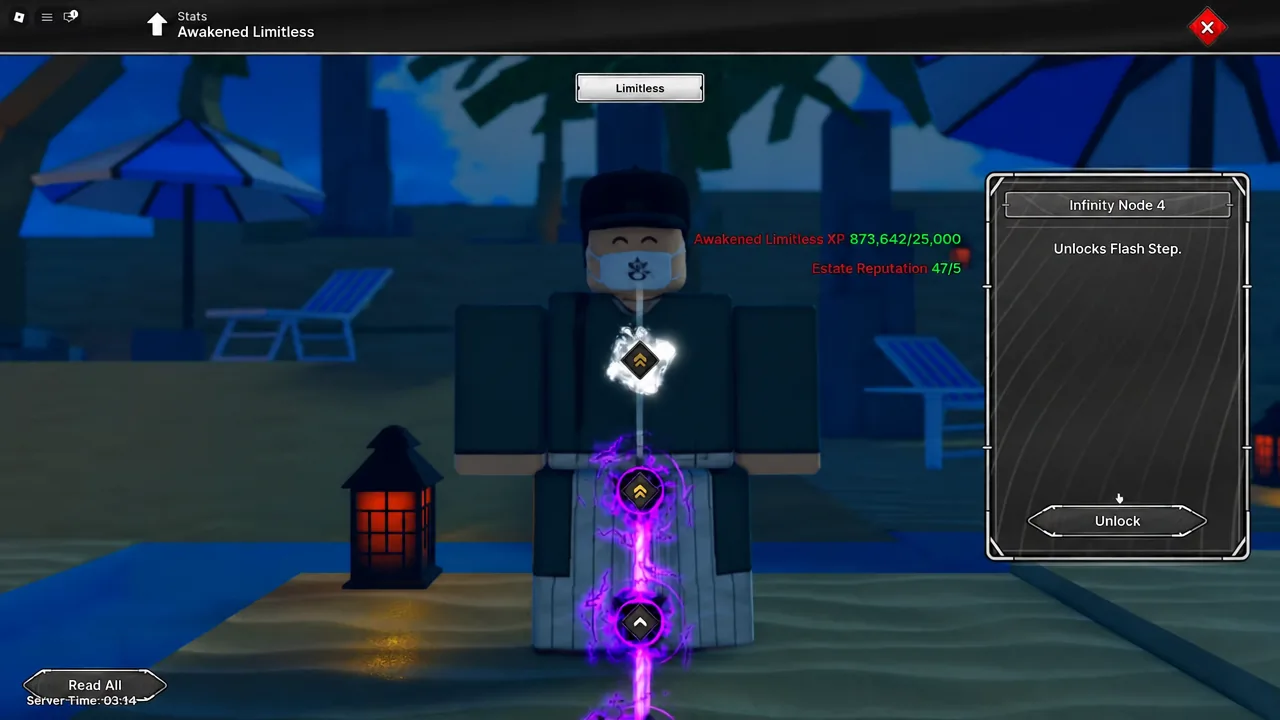 Awakened Limitless stats screen with Infinity Node 4 highlighted and its Unlock button ready