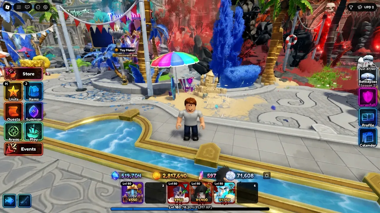 Player character standing in the Anime Expeditions main hub with menu buttons visible