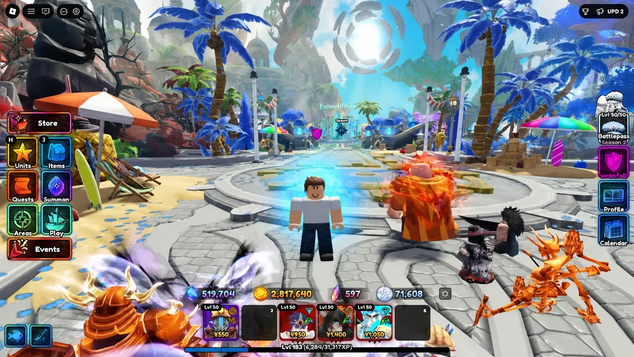 The Anime Expeditions hub plaza with the Store button highlighted on the menu bar