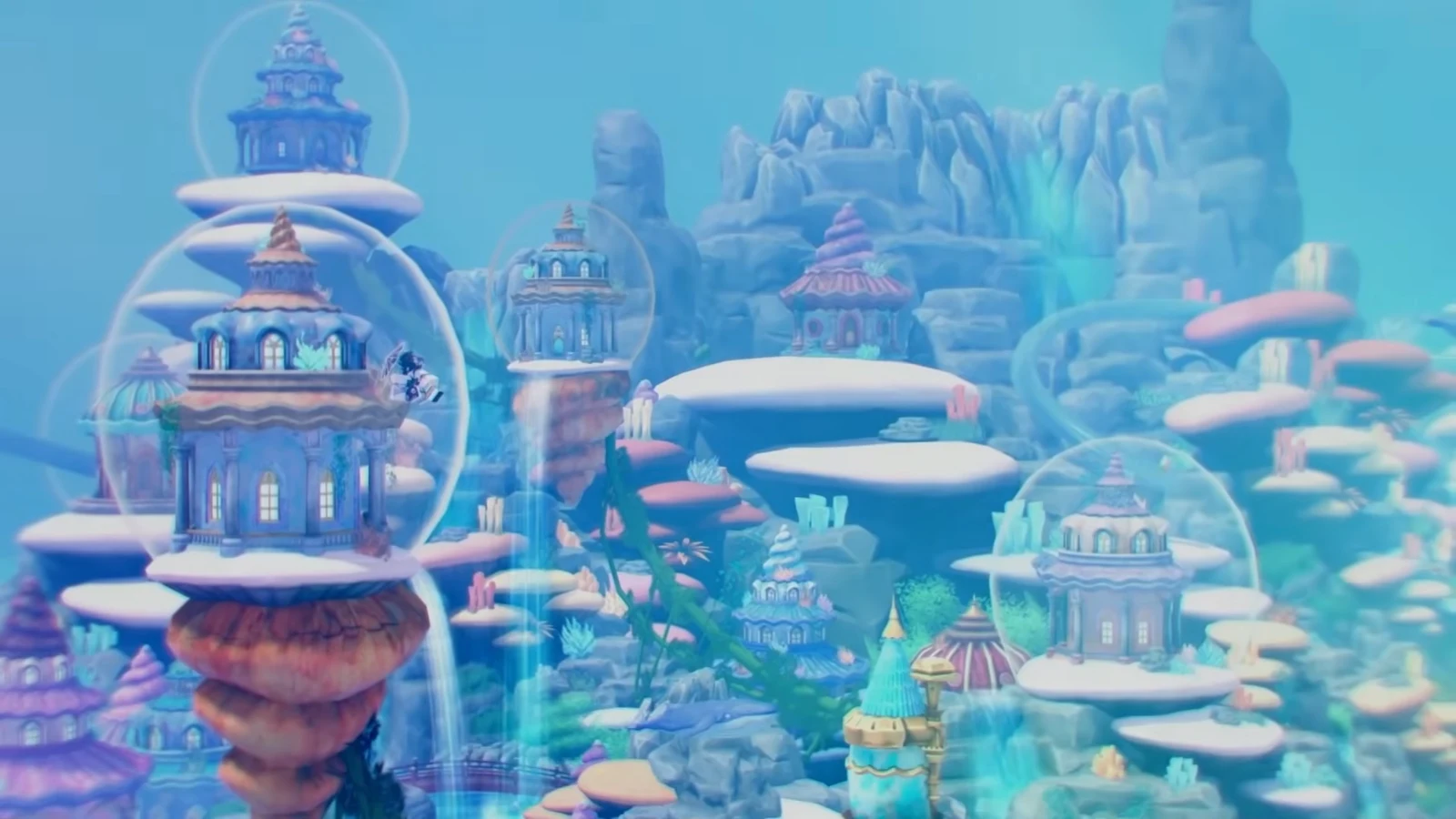 Undersea map preview with bubble-enclosed structures, coral reefs and sky whales