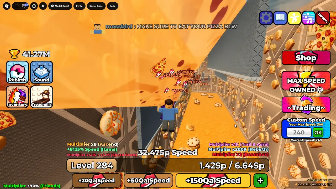 Custom Speed field set to 240 with the OK button while the avatar sprints through a food-lined tunnel