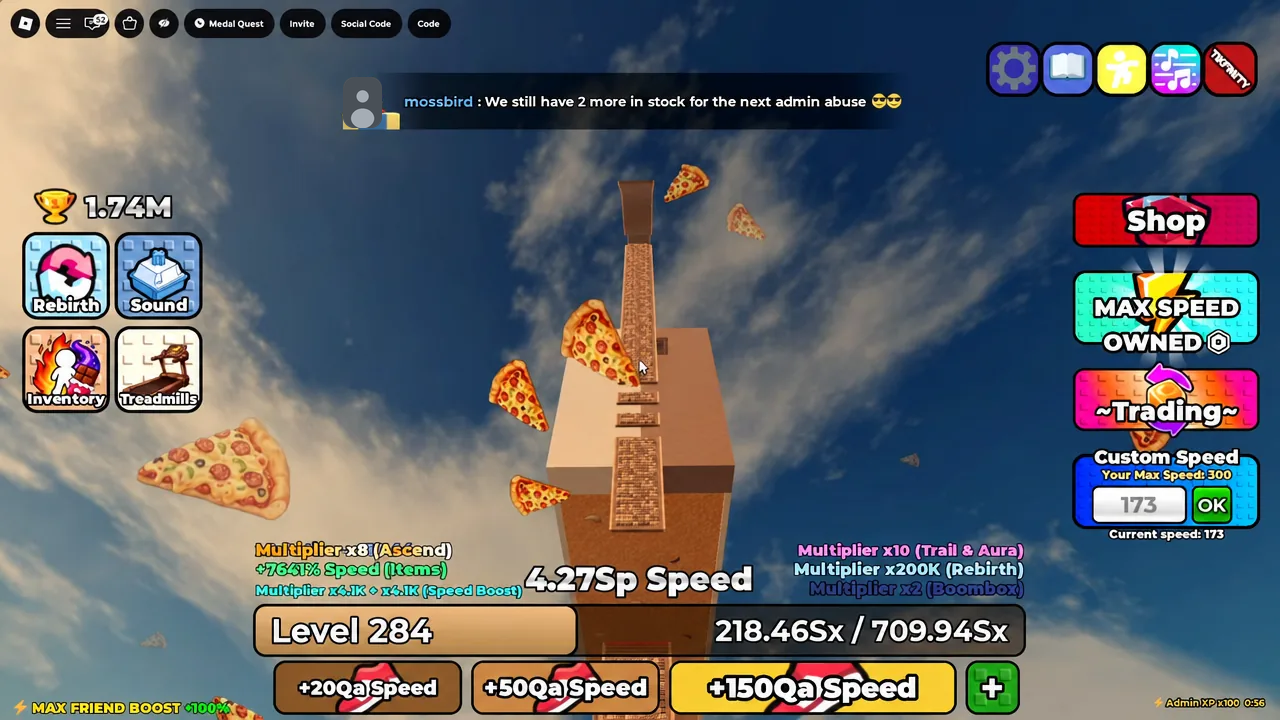 Custom Speed field set to 173 while the player climbs a central obstacle course