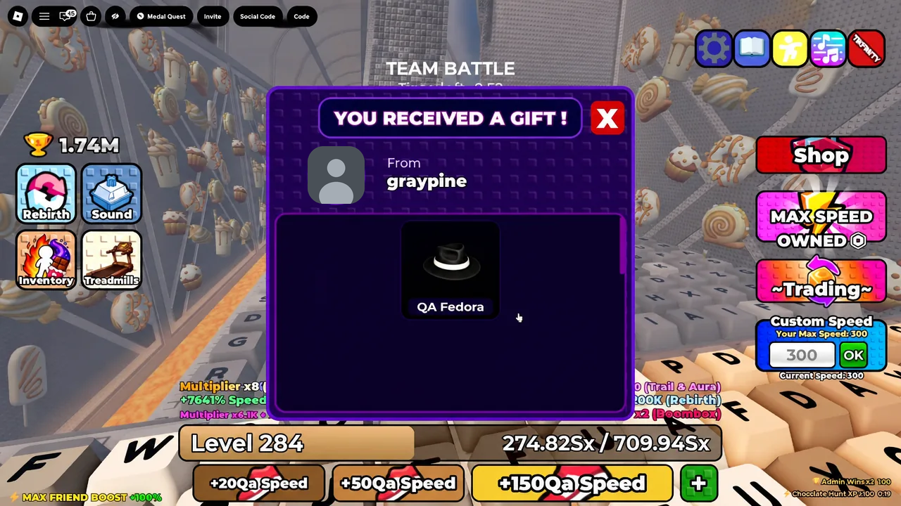 Gift window showing a received QA Fedora cosmetic during a run