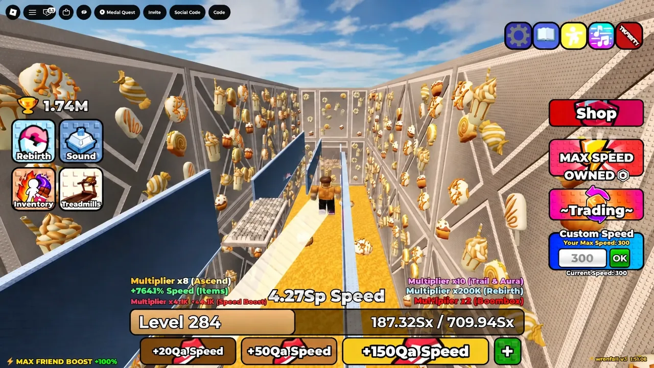 Avatar sprinting along the keyboard obstacle course with Custom Speed still set to 300