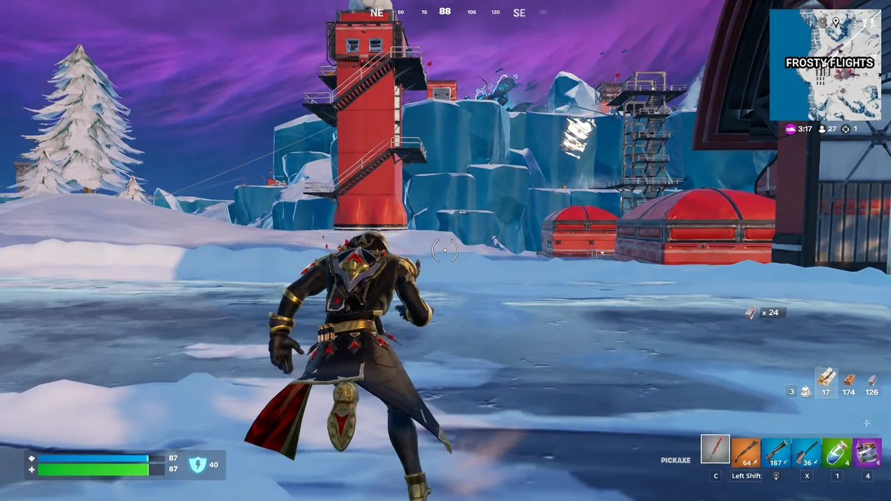 Sprinting through the snow at Frosty Flights with the pickaxe held out
