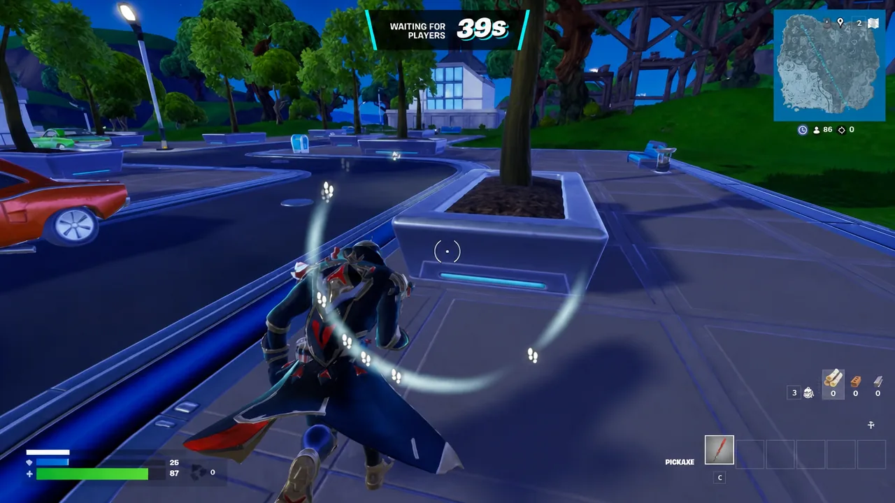 Waiting for Players screen with the armored outfit holding a pickaxe before the match starts