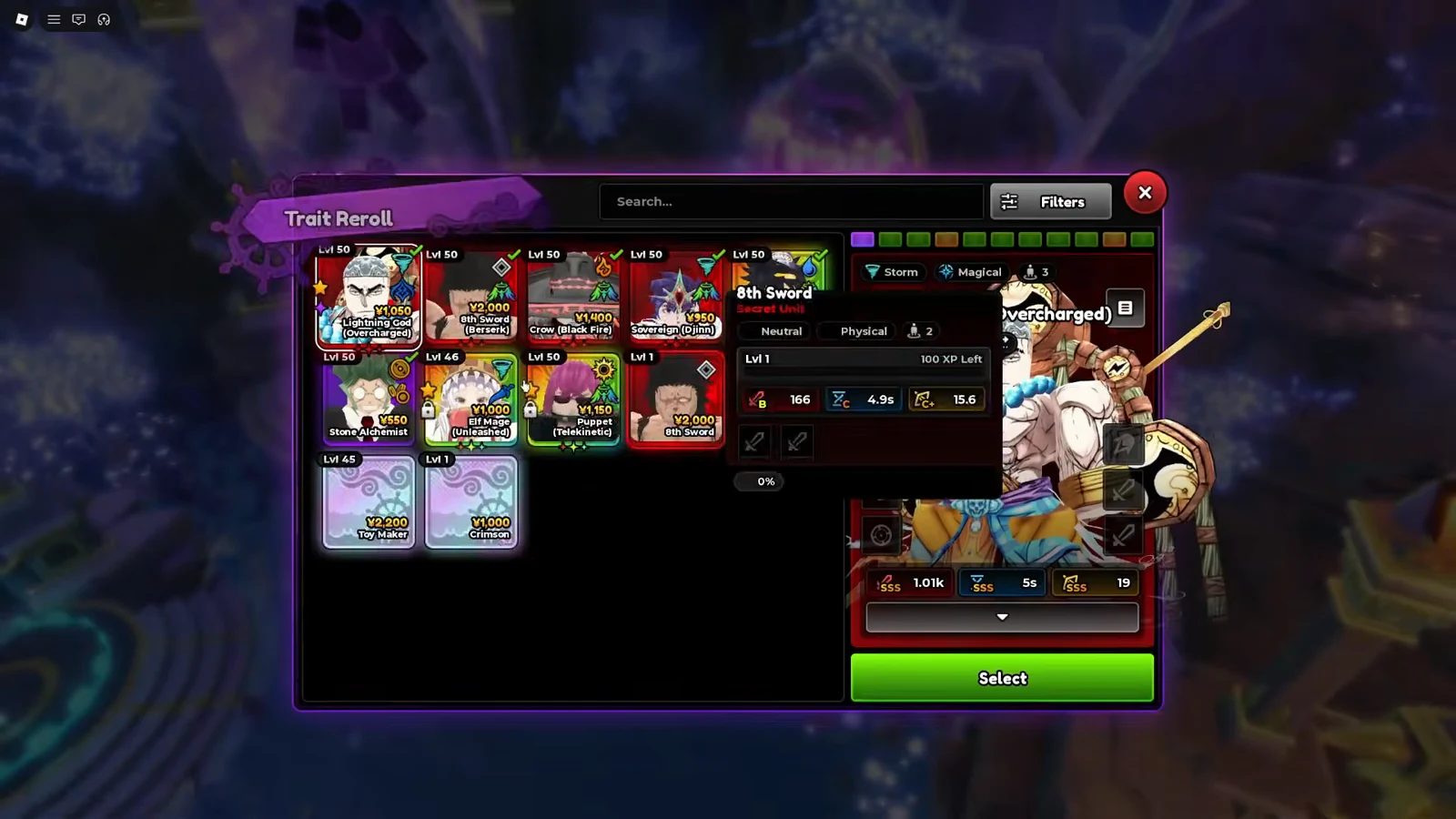 Trait Reroll screen showing a unit's stats and current trait with the green Select button