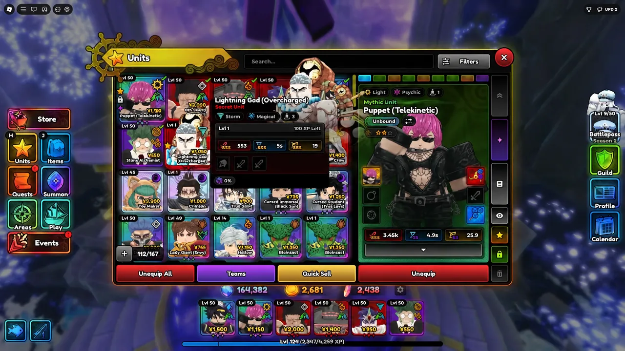 Units roster screen in Anime Expeditions with Lightning God (Overcharged) selected