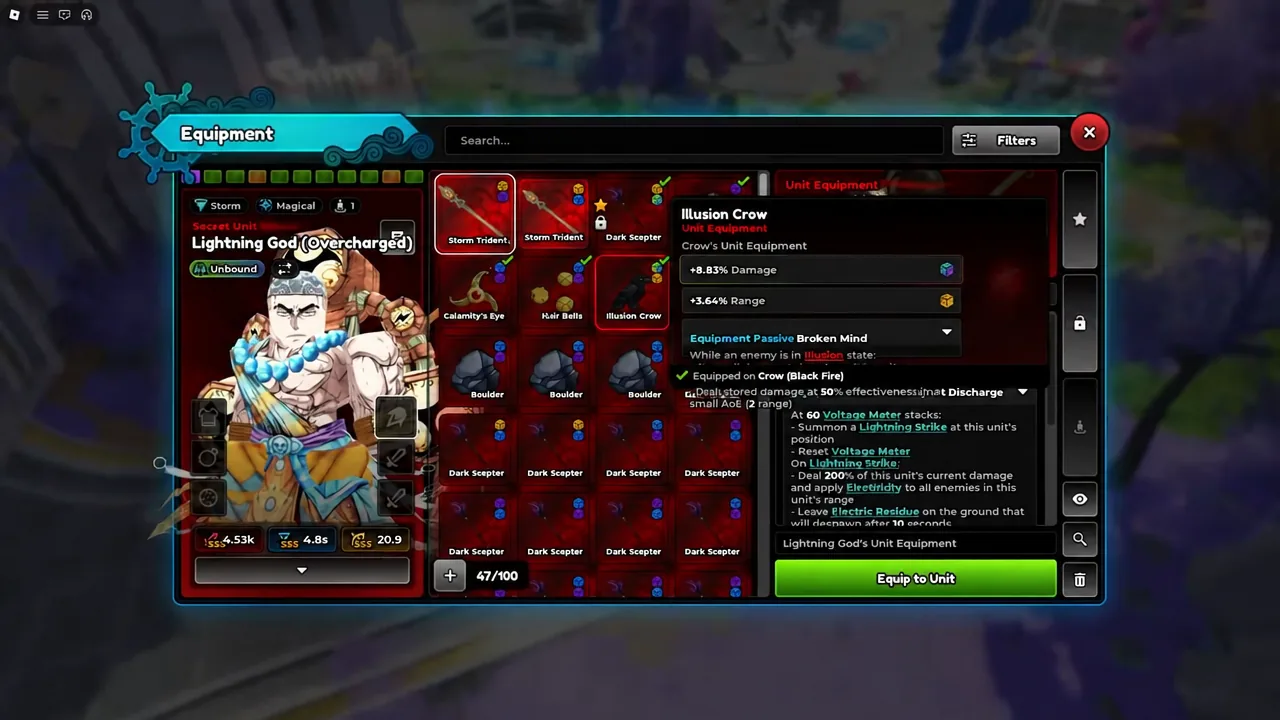 Equipment menu with an item selected and the green Equip to Unit button visible