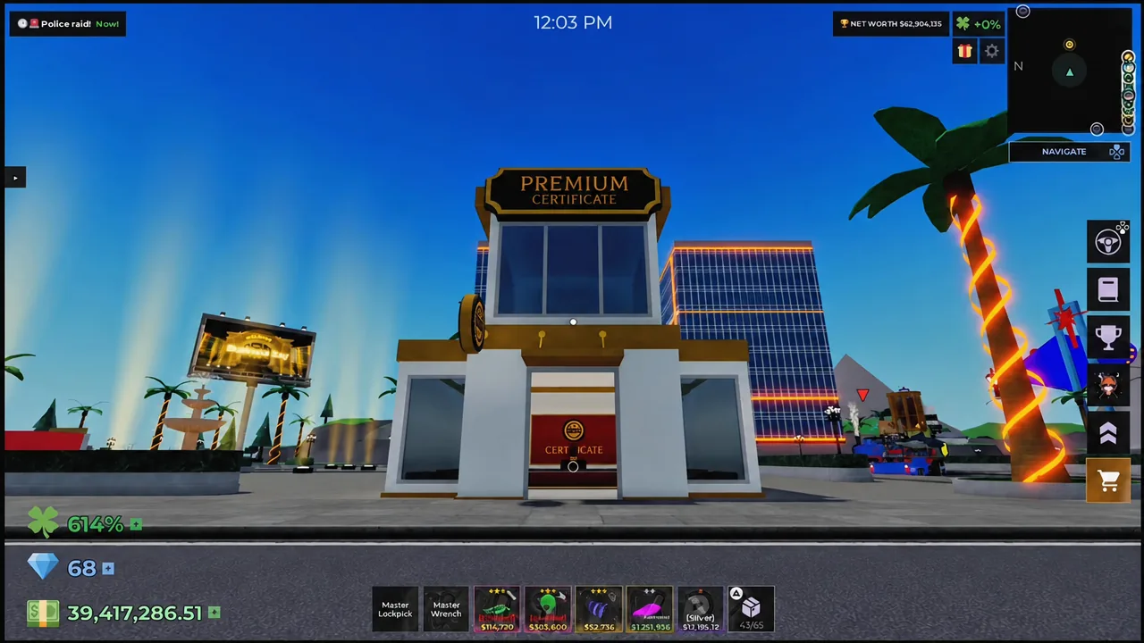 Player approaching the entrance of the Premium Certificate building near Lucky Beach