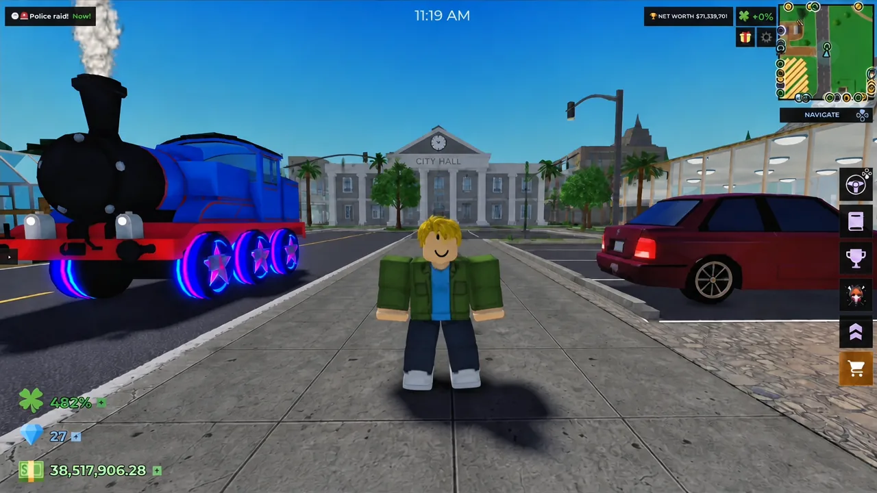 Avatar standing outside City Hall with the Navigate button and minimap on screen