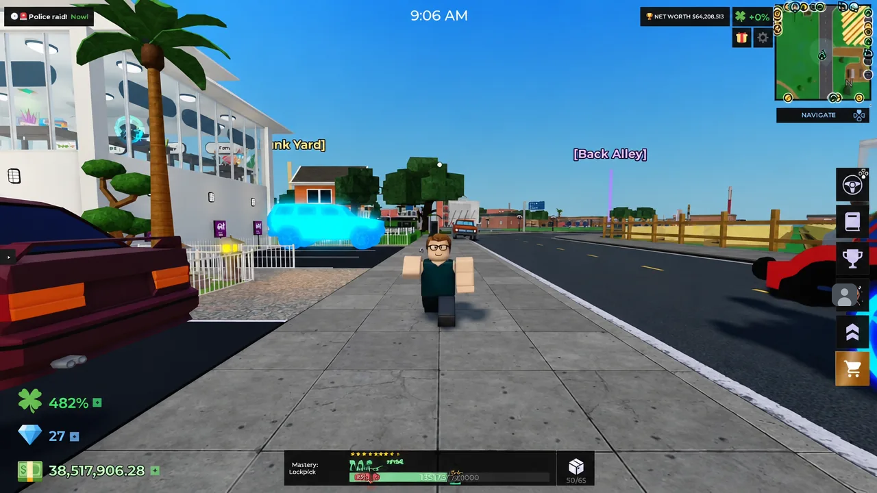 Player avatar walking down the street toward the highlighted Back Alley location marker