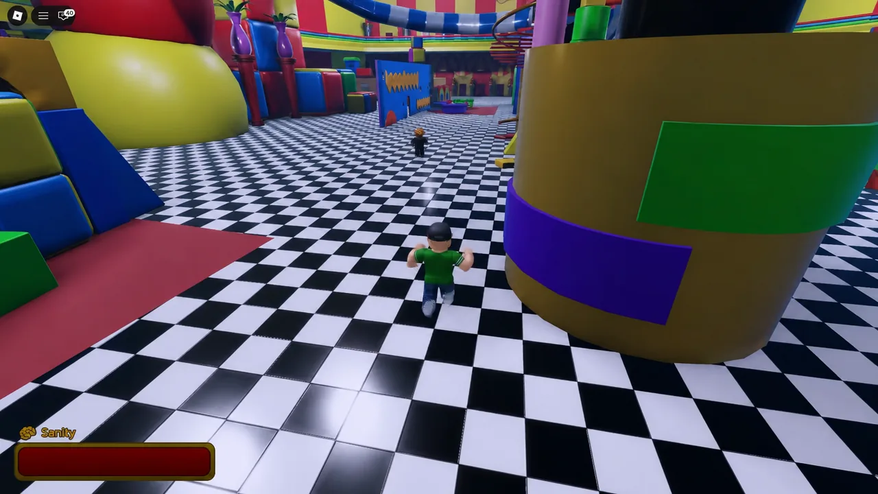Player character sprinting across the checkered circus floor toward another character