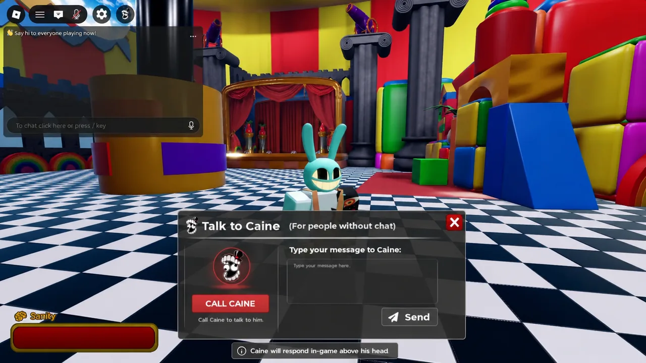 Caine mid-conversation on the circus stage with the new dialogue interface open