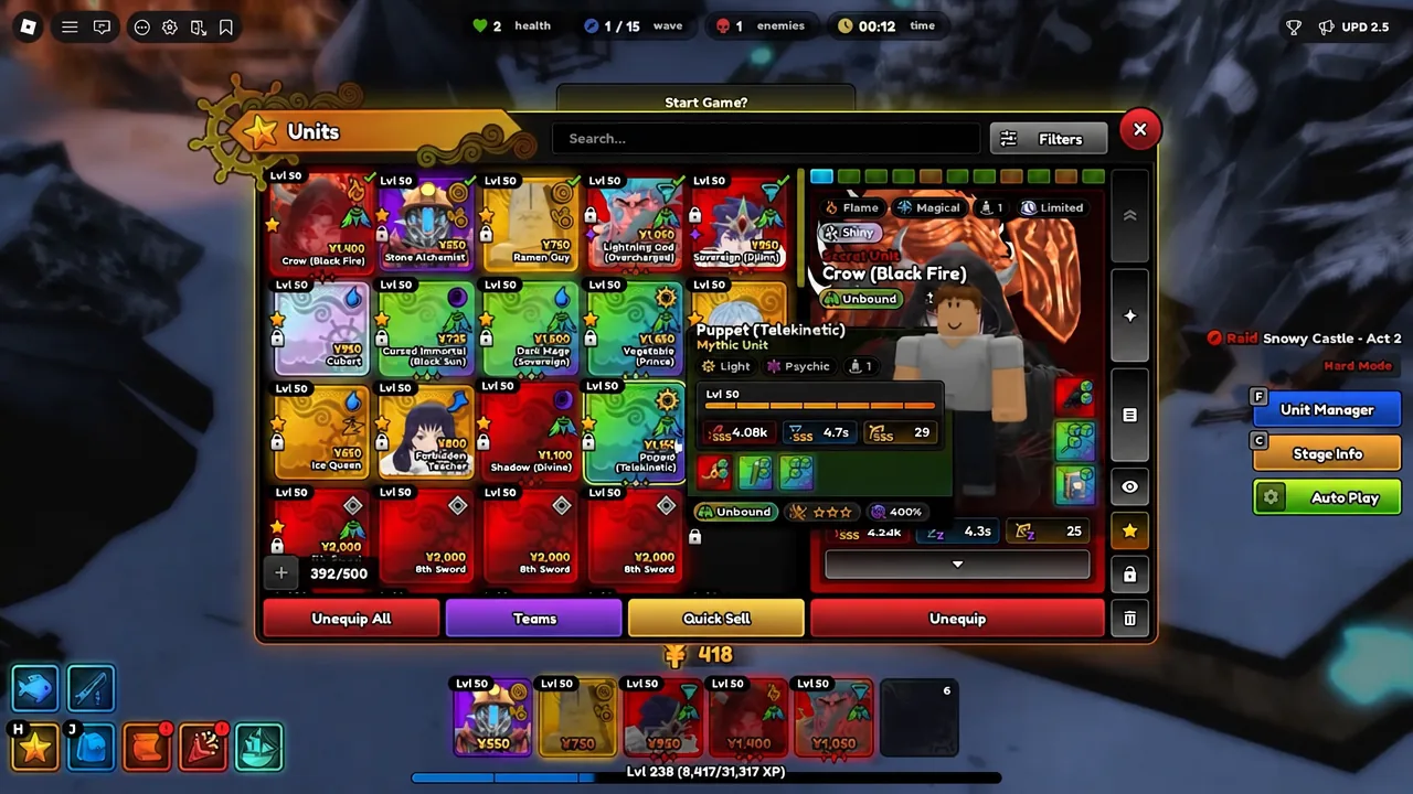Units menu showing Crow (Black Fire) selected with its unit details panel open