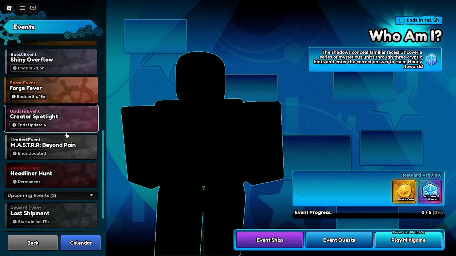 Events menu with the Who Am I challenge open, showing clues, reward preview and progress