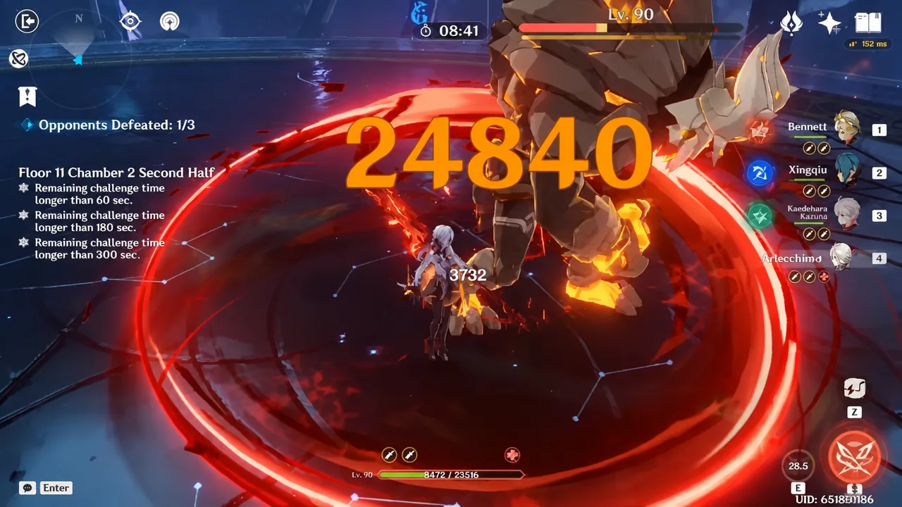 Arlecchino hits a level 90 enemy for 24,840 damage in Floor 11 Chamber 2