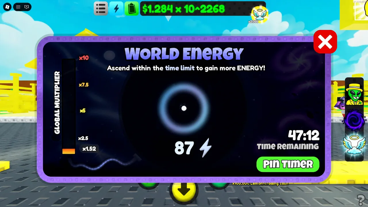 World Energy panel showing the pin timer button and the running countdown
