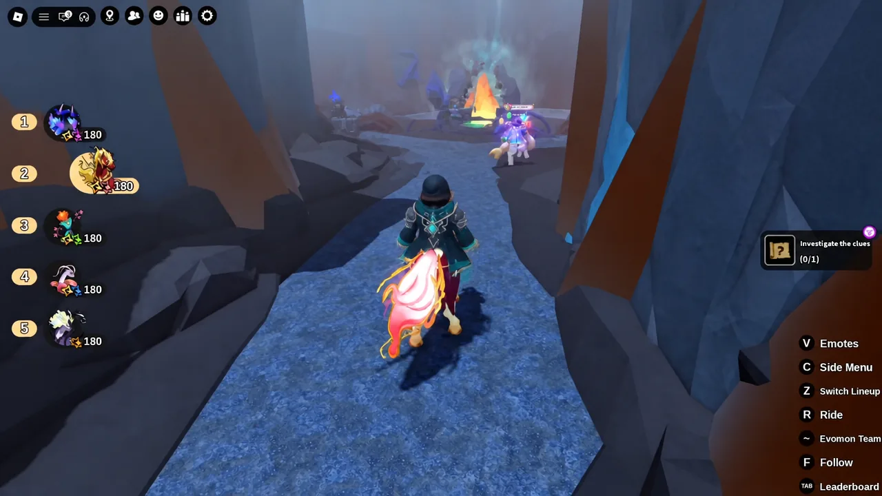 Objective panel reading Investigate the clues 0/1 as the player walks up to a campfire