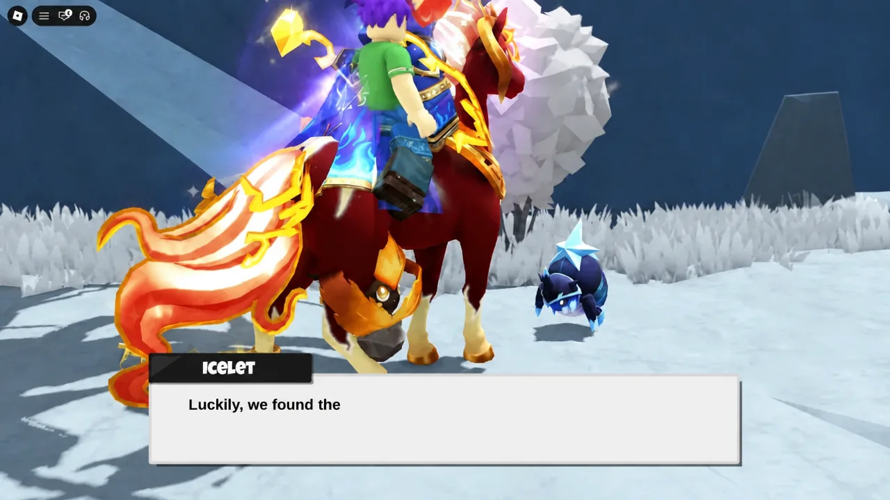 Icelet dialogue box reading Luckily, we found the during the portal sequence
