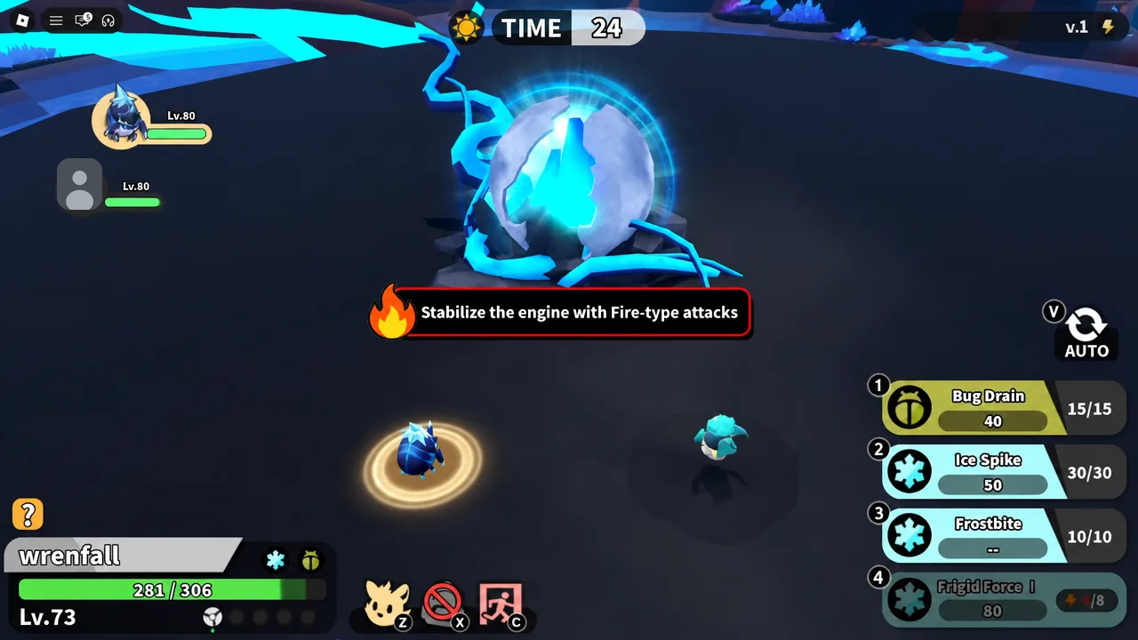 Battle banner instructing the player to stabilize the engine with Fire-type attacks