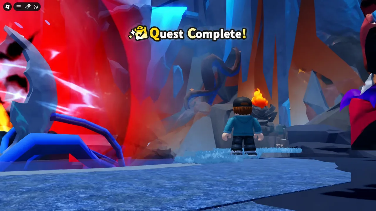 Quest Complete banner on screen with the player character standing inside the cave