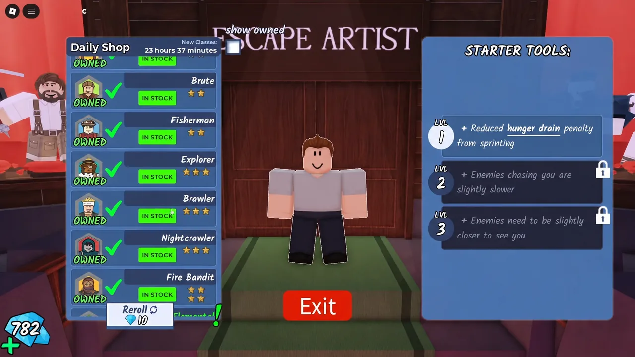 Daily Shop class menu with the Show owned filter turned on and Starter Tools details listed
