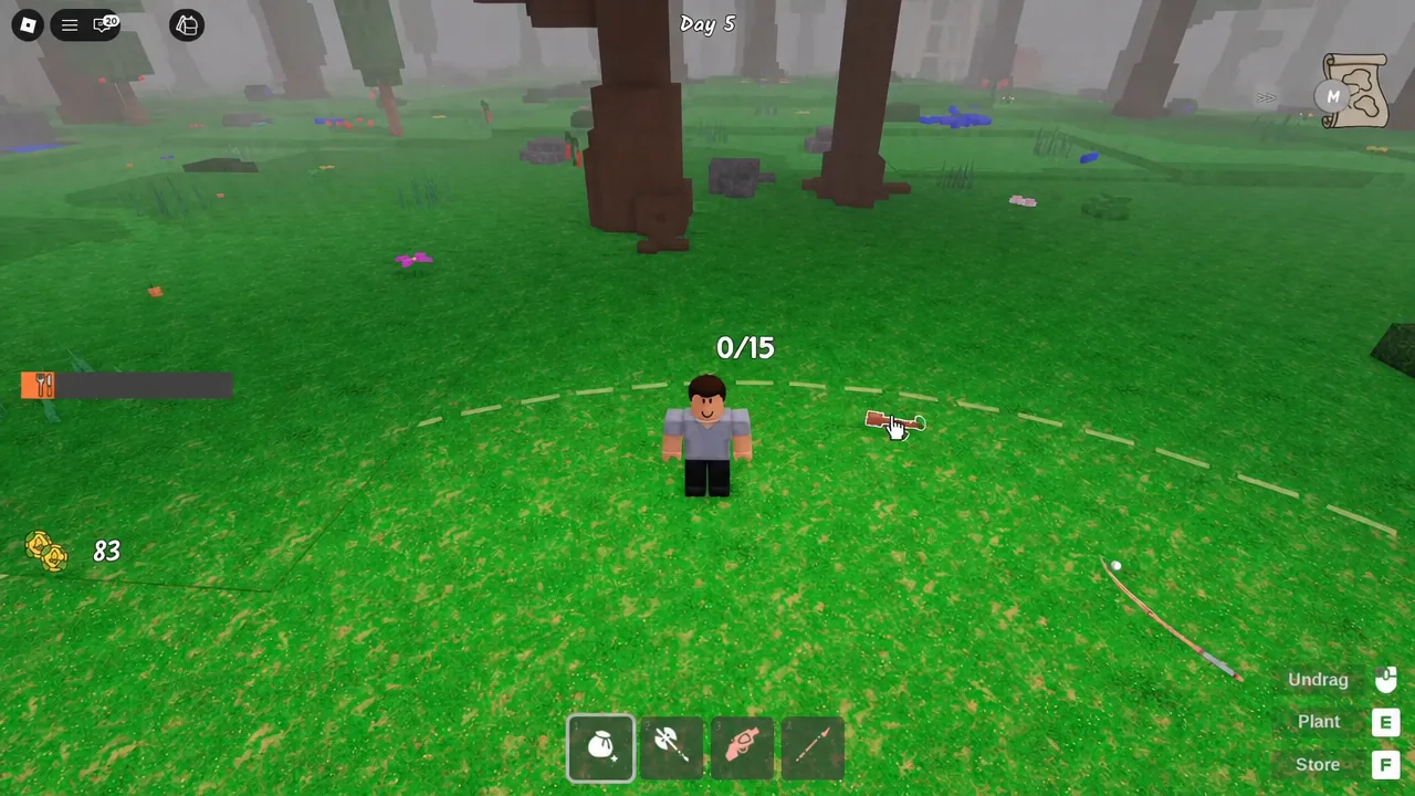 Player hauling a large stack of logs back toward the campfire base to build log walls