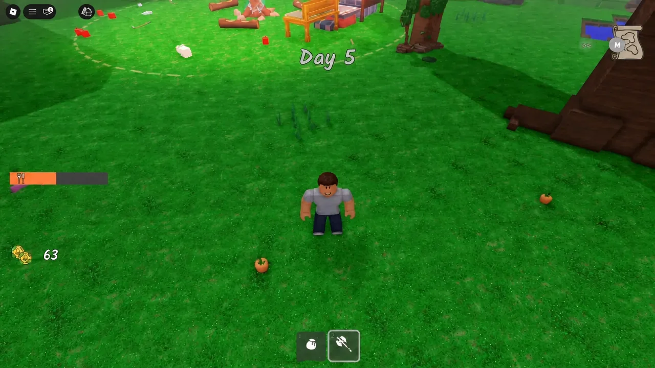 Day 5 survival screen with the player at camp and the second inventory slot selected