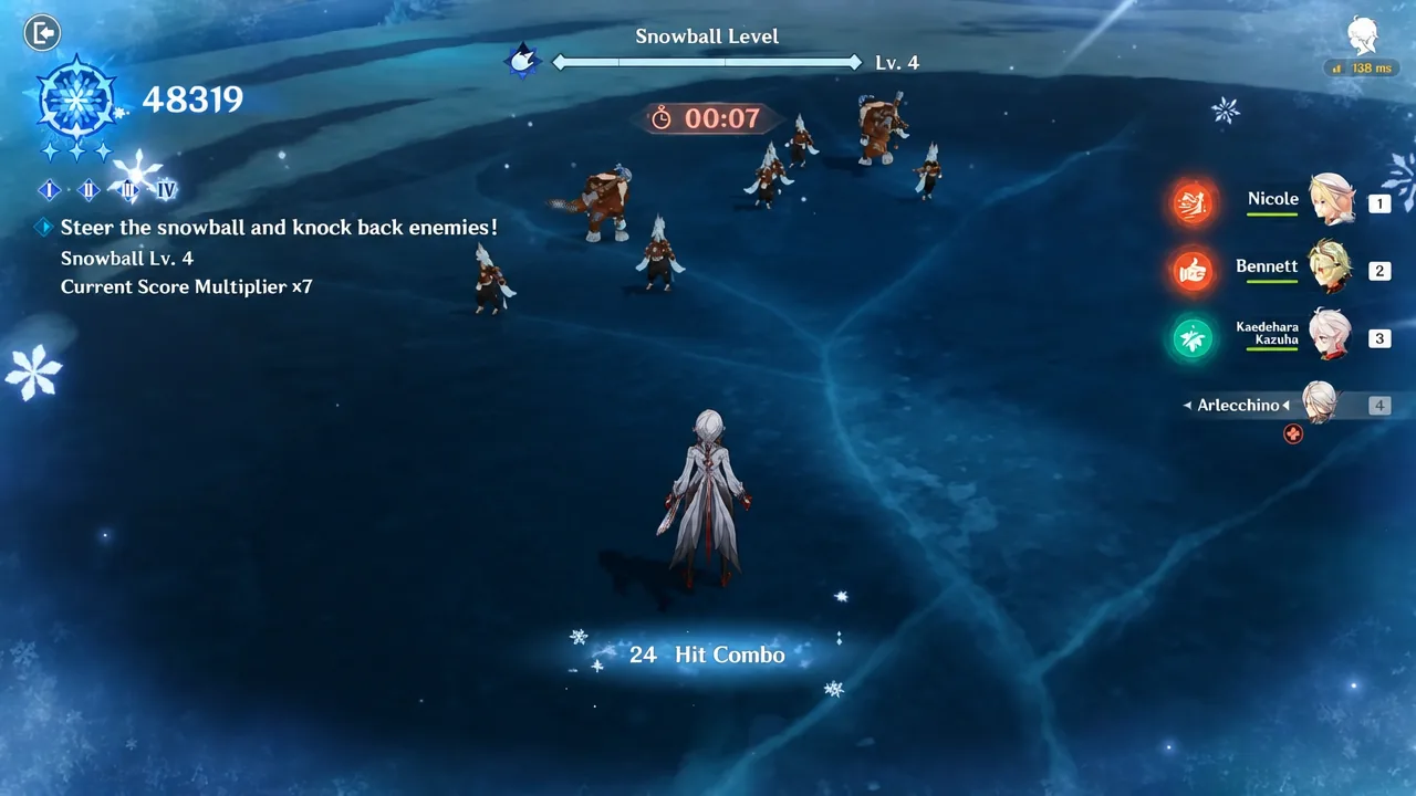 Snowball Level challenge prompting the player to steer the snowball and knock back a group of enemies