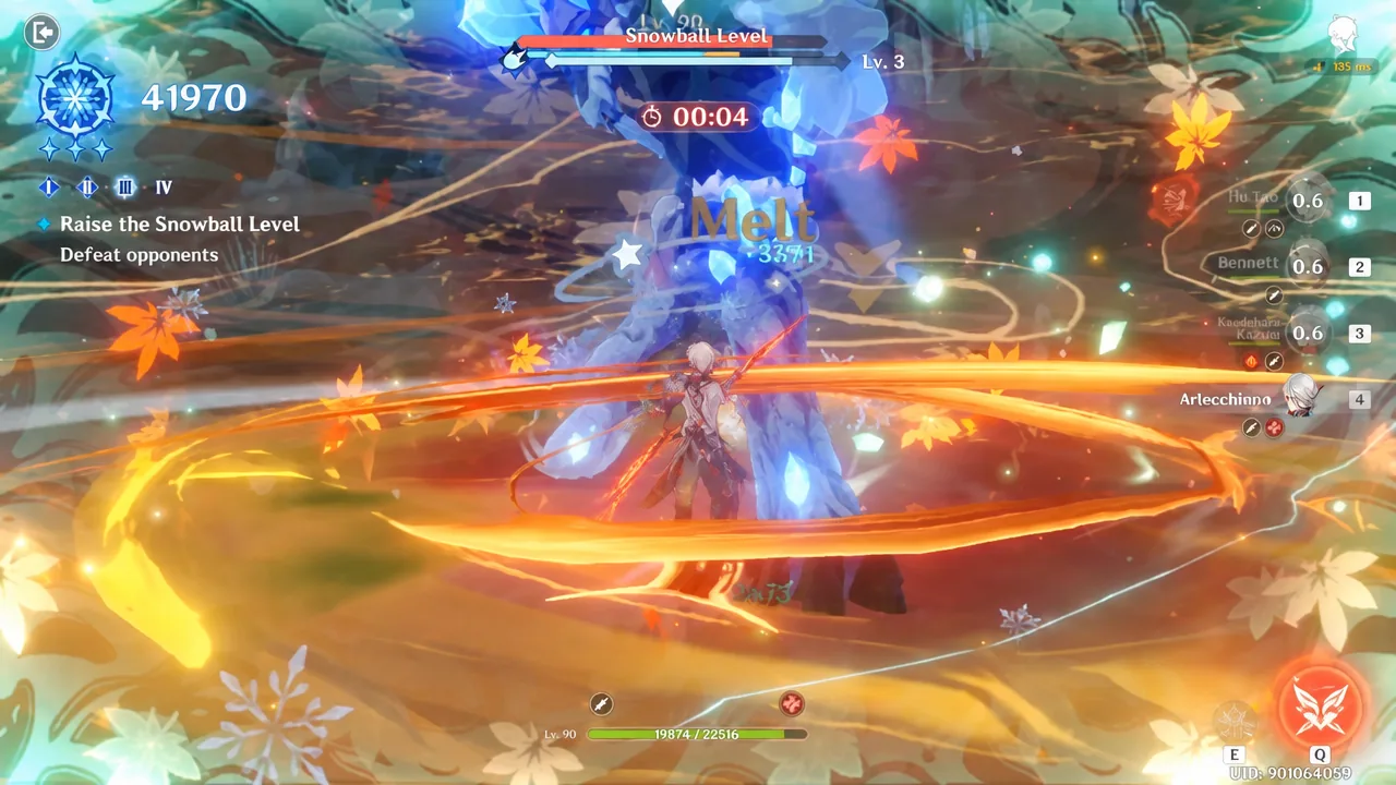 Arlecchino attacking a central enemy during a Snowball Level fight with a Melt reaction triggering