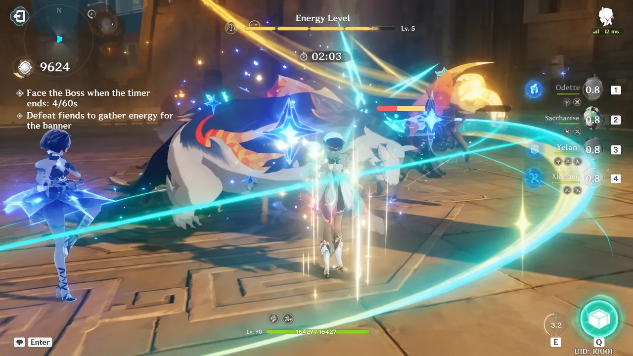 Energy Level challenge with the energy bar filling as the party fights a boss before the timer runs out